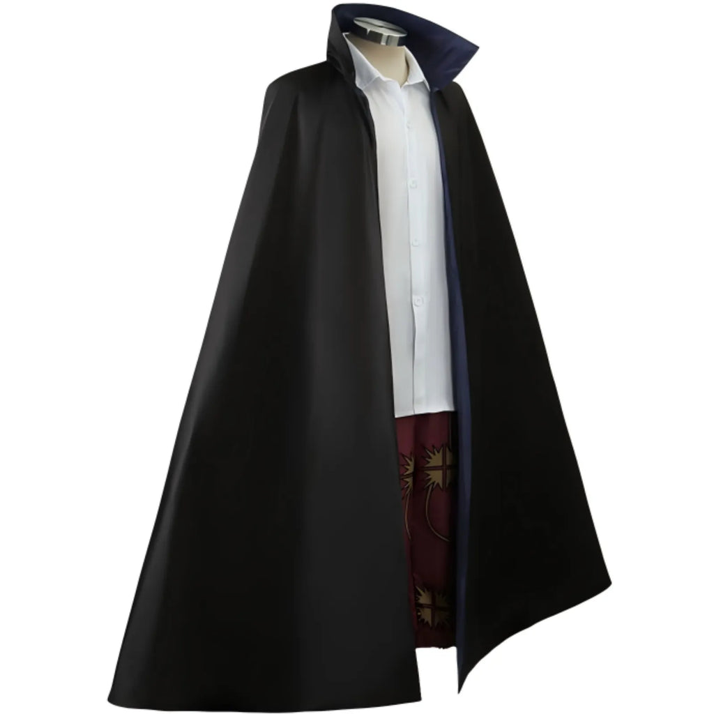 front side view of shanks cosplay on mannequin, black stand collar cloak, white shirt and printed burgundy pants, white background