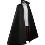 front side view of shanks cosplay on mannequin, black stand collar cloak, white shirt and printed burgundy pants, white background