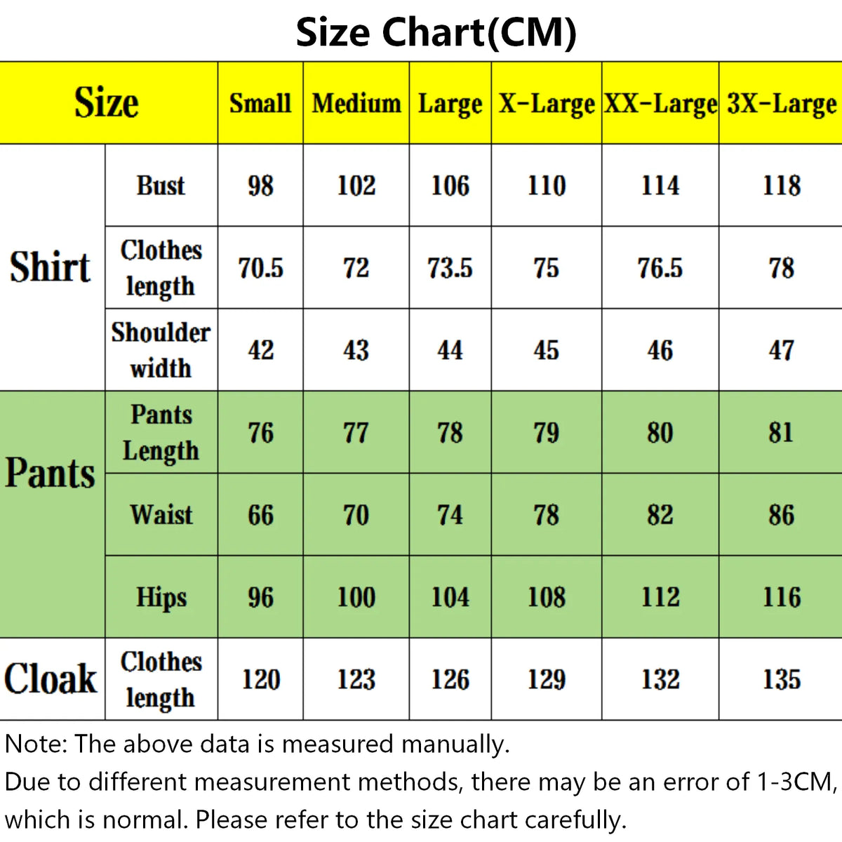size chart for shanks cosplay costume, measurements for shirt pants cloak in cm, size s to 3xl