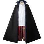 front view complete shanks cosplay costume, black cloak over white shirt and printed pants on mannequin