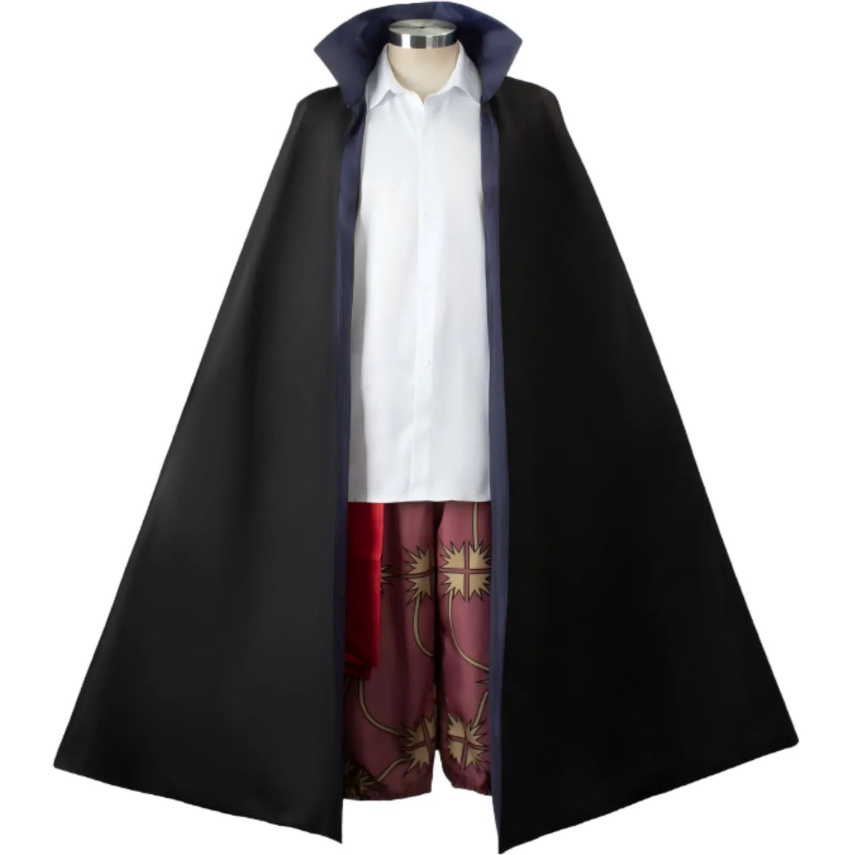 front view complete shanks cosplay costume, black cloak over white shirt and printed pants on mannequin