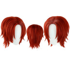 shanks cosplay wig, layered red short hair, three angle display on white mannequin head