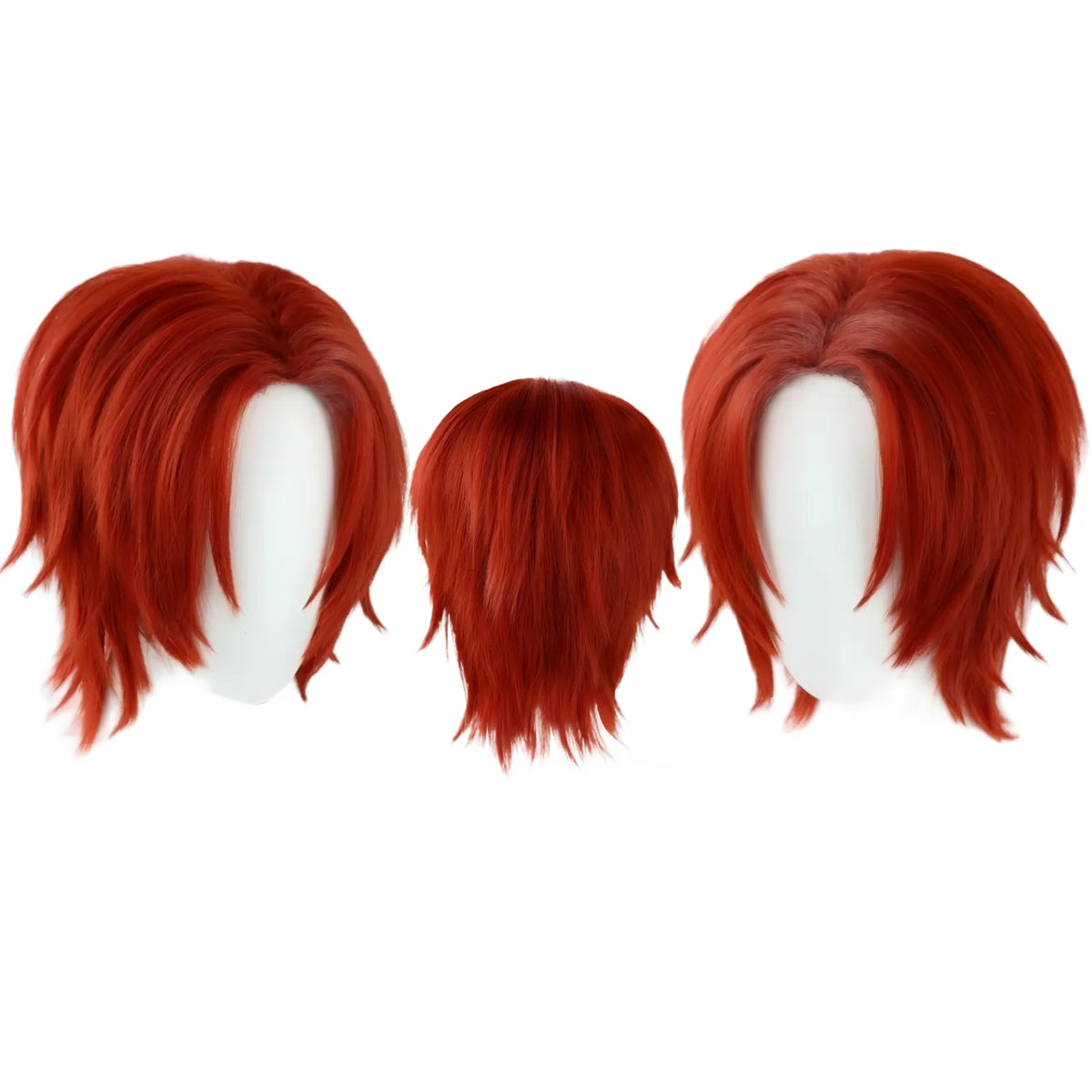 shanks cosplay wig, layered red short hair, three angle display on white mannequin head