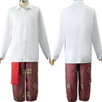 front and back view of shanks cosplay white shirt and patterned loose pants with red waist sash
