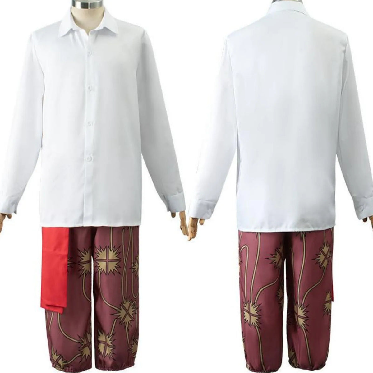 front and back view of shanks cosplay white shirt and patterned loose pants with red waist sash