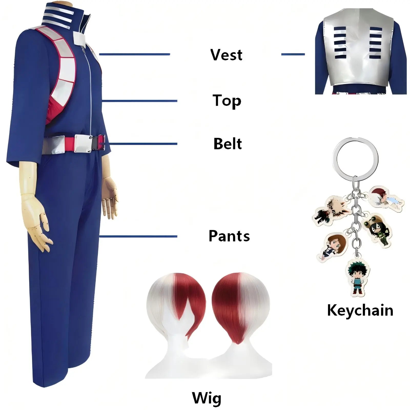 mha shoto todoroki cos accessory diagram jumpsuit armor belt two tone wig anime keychain