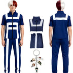 man wearing shoto todoroki cosplay outfit, my hero academia ua training suit with keychain accessory