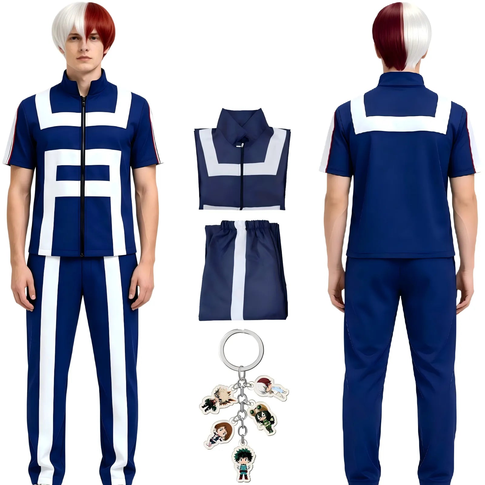 man wearing shoto todoroki cosplay outfit, my hero academia ua training suit with keychain accessory