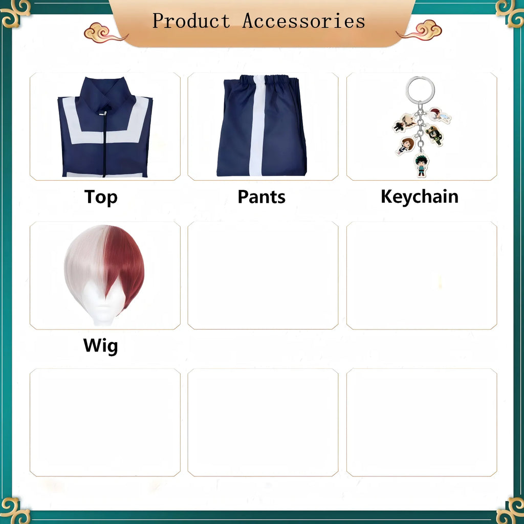 product accessory chart of todoroki shoto mha cosplay costume suit wig keychain