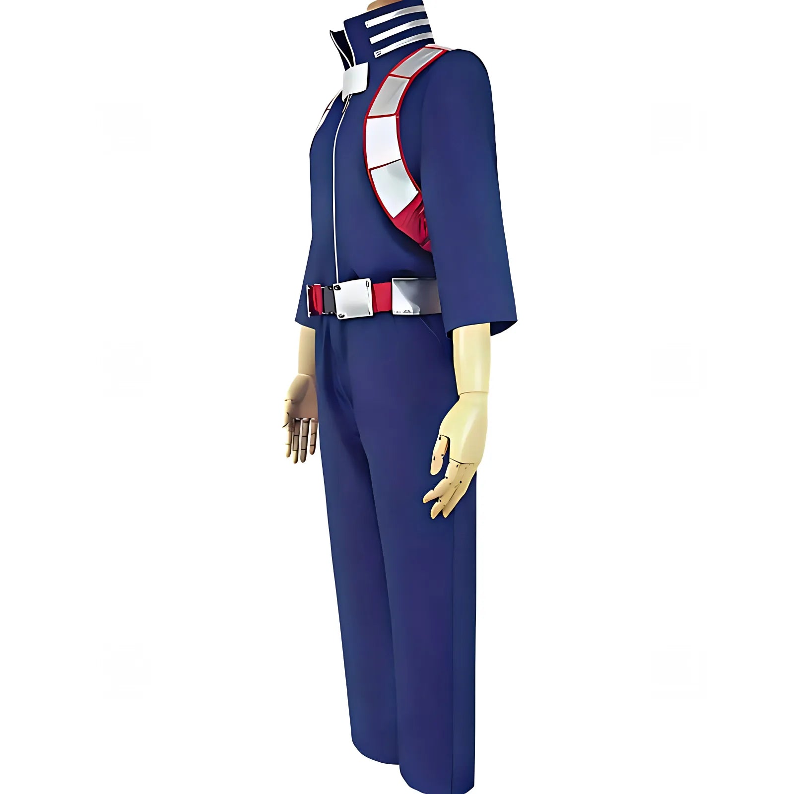 side view shoto todoroki cosplay navy training jumpsuit silver chest armor red belt