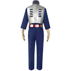back view shoto todoroki navy training jumpsuit silver vented back armor red metal belt