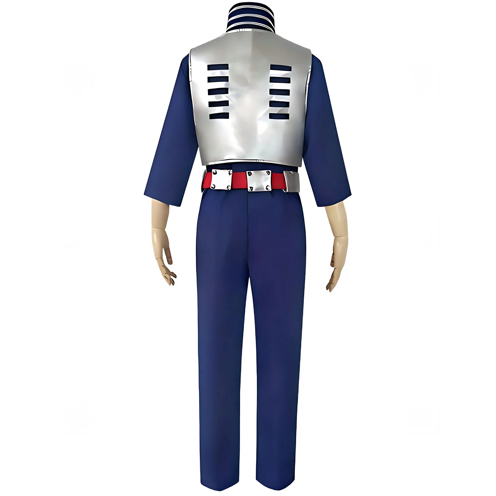 back view shoto todoroki navy training jumpsuit silver vented back armor red metal belt