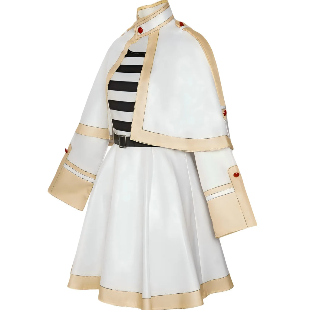 side detail frieren cosplay white cape gold piping dress black white striped inner top