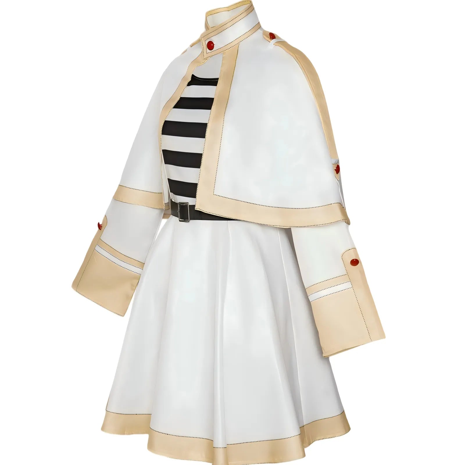 side detail frieren cosplay white cape gold piping dress black white striped inner top