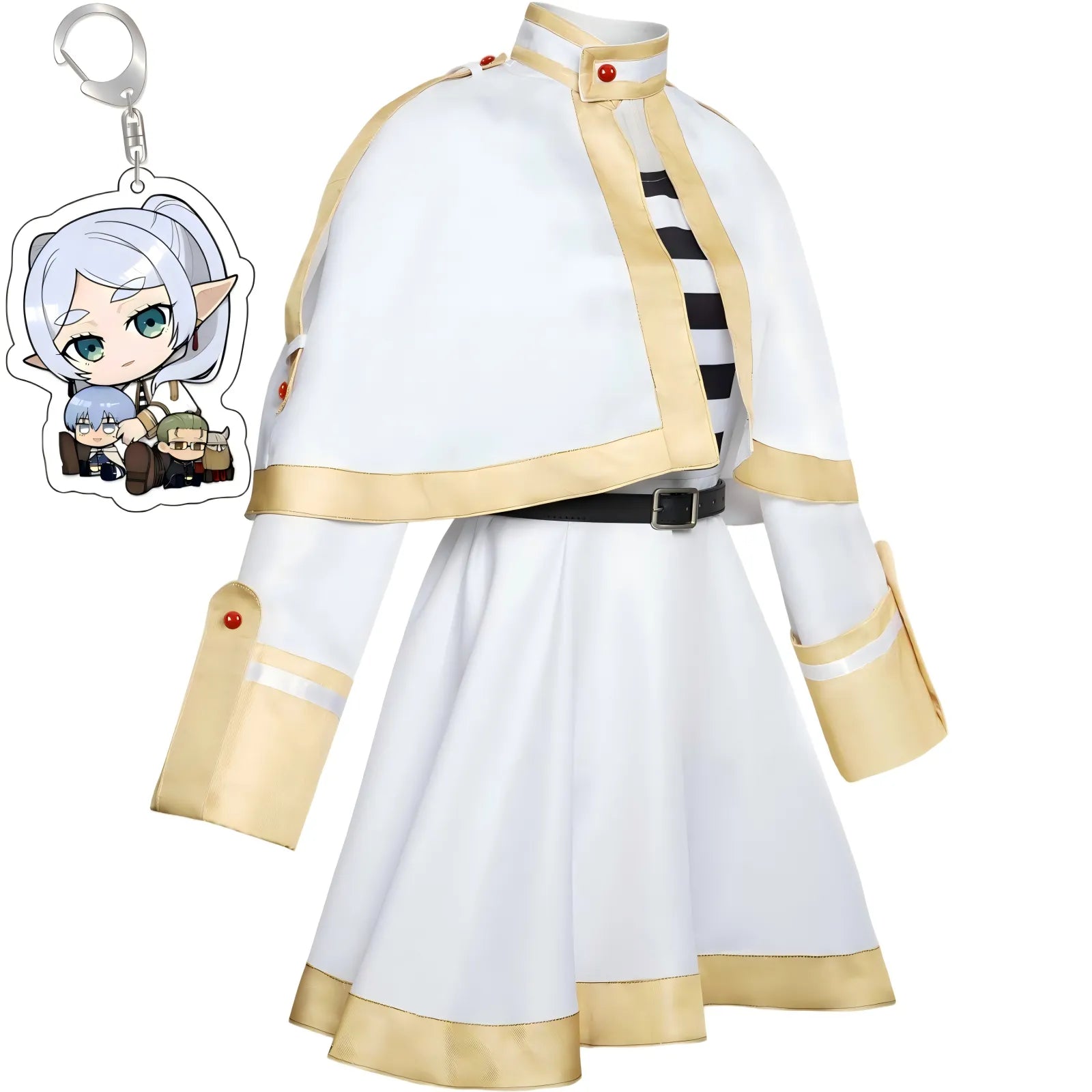 side shot frieren cosplay white gold trimmed cape dress striped inner shirt anime character keychain