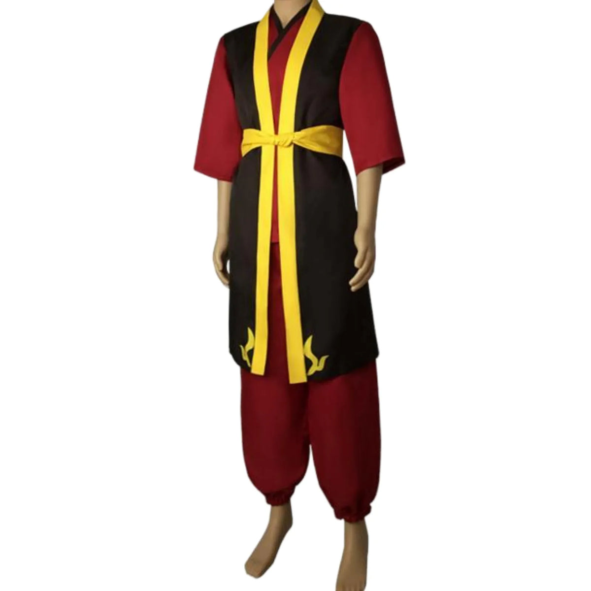 side angle mannequin shot of zuko avatar cosplay suit black vest yellow sash red pants