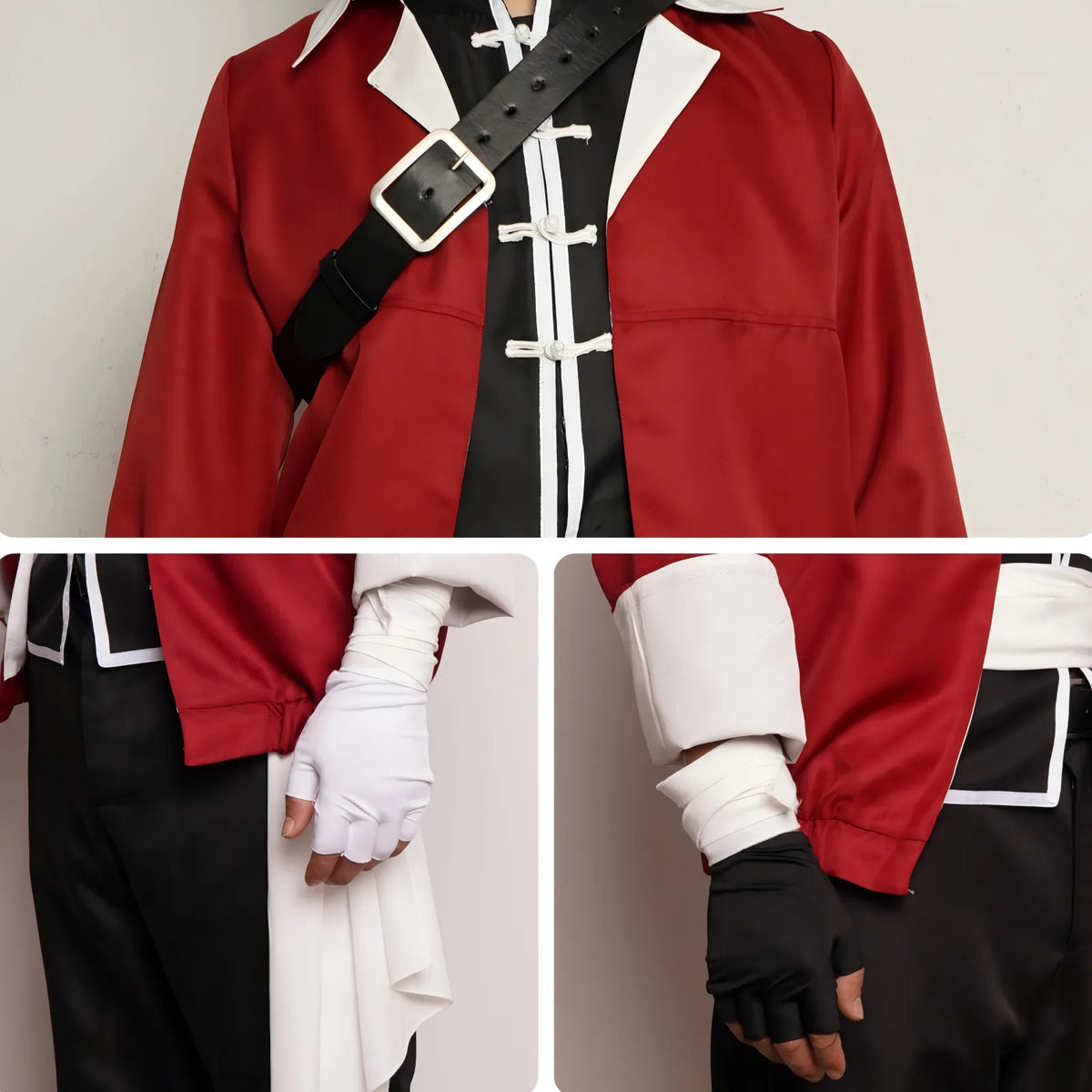 closeup stark frieren cosplay jacket frog buttons wrist bandage gloves sleeve details
