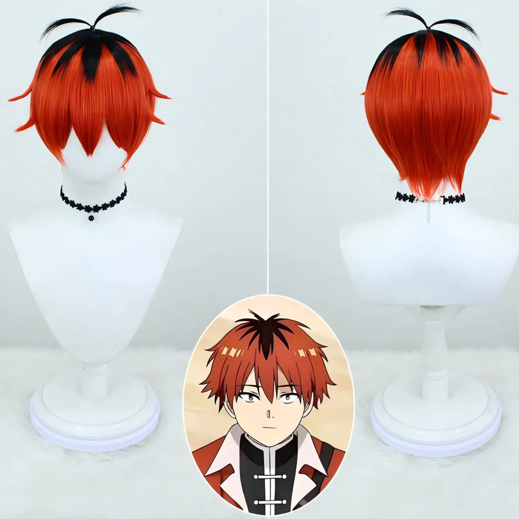 two tone red black stark frieren cosplay wig styled short anime hair with ahoge