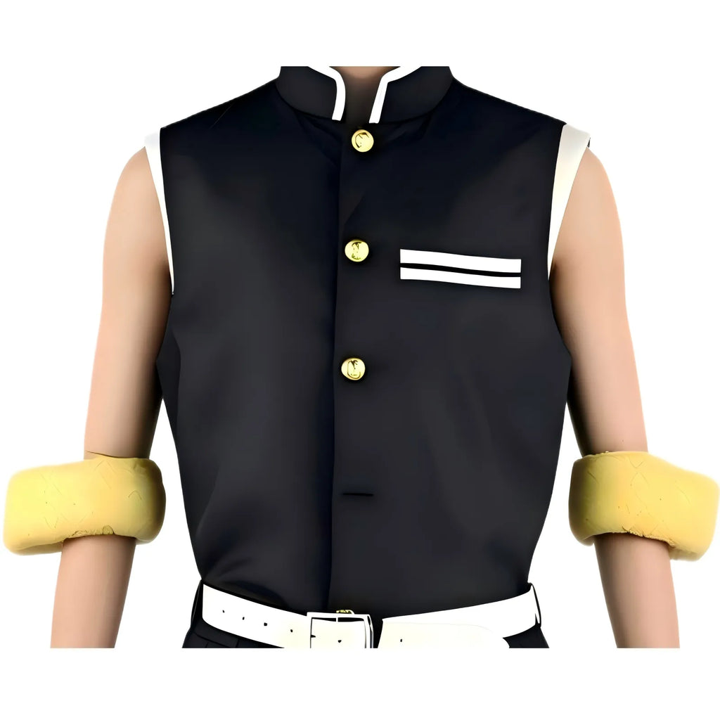 close‑up of tengen uzui black sleeveless vest with yellow arm guards