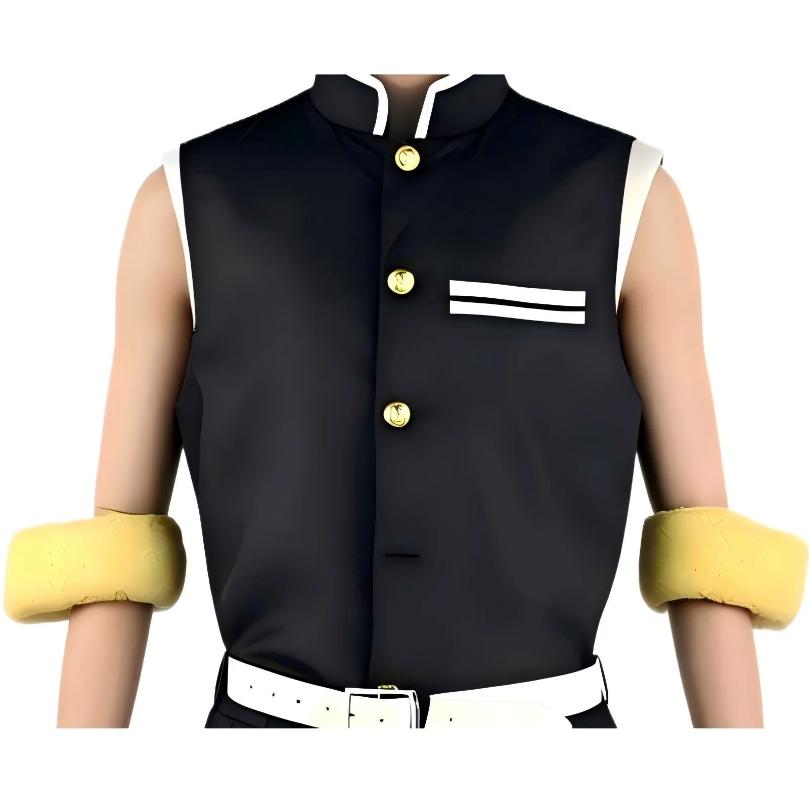 close‑up of tengen uzui black sleeveless vest with yellow arm guards