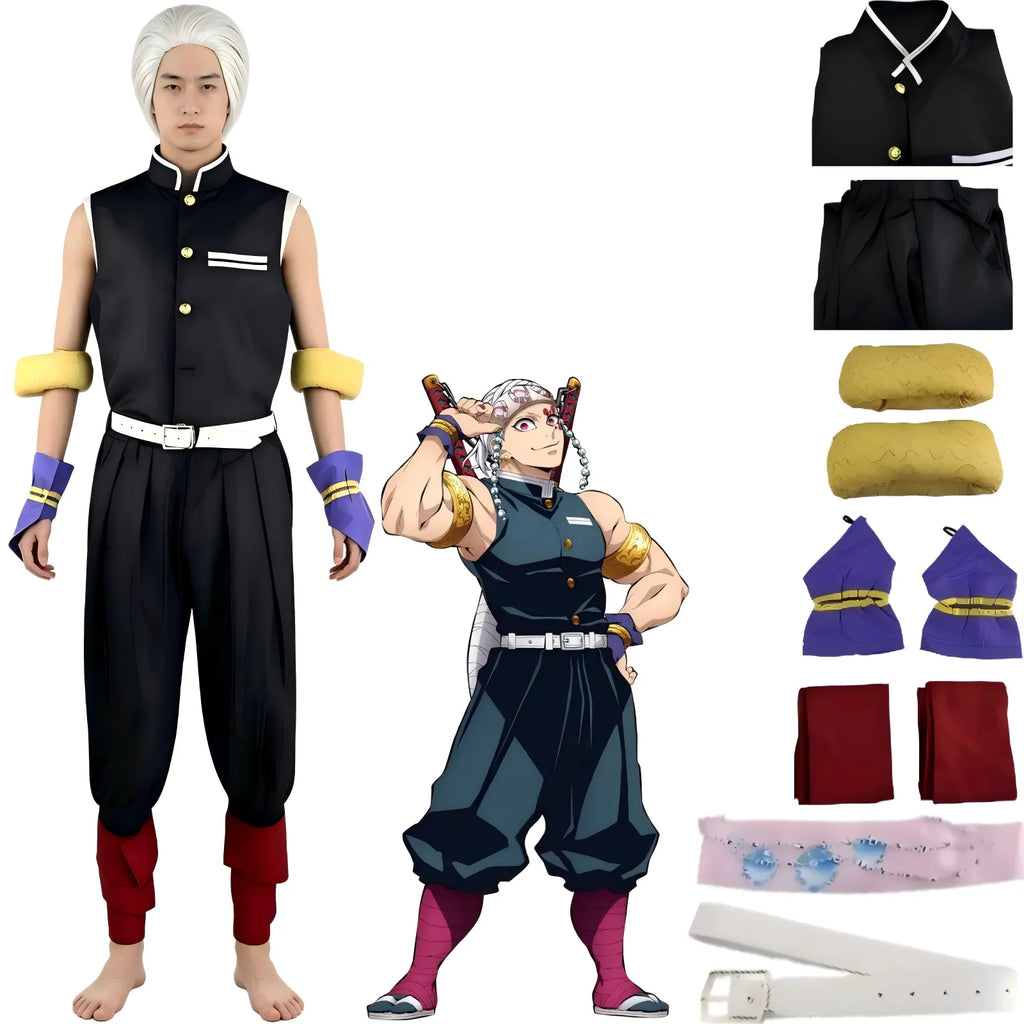 tengen uzui demon slayer cosplay costume full set on male model, barefoot, white wig