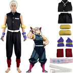 tengen uzui demon slayer cosplay costume full set on male model, barefoot, white wig