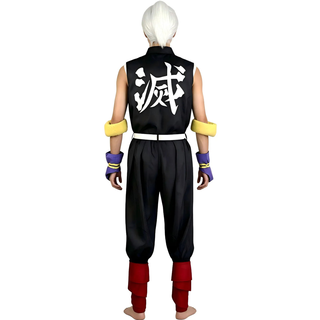 male model wearing tengen uzui costume back view, white tied wig, bare feet