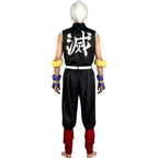 male model wearing tengen uzui costume back view, white tied wig, bare feet