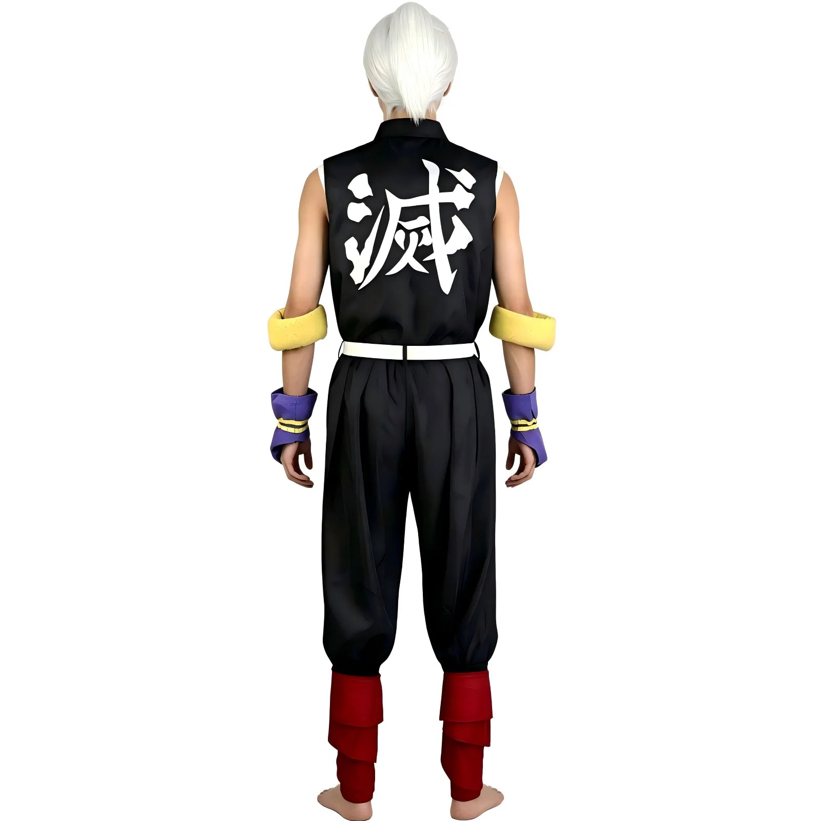 male model wearing tengen uzui costume back view, white tied wig, bare feet
