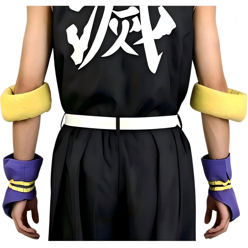 detail shot of demon slayer uzui tengen back kanji print, purple wrist cuffs