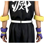 detail shot of demon slayer uzui tengen back kanji print, purple wrist cuffs