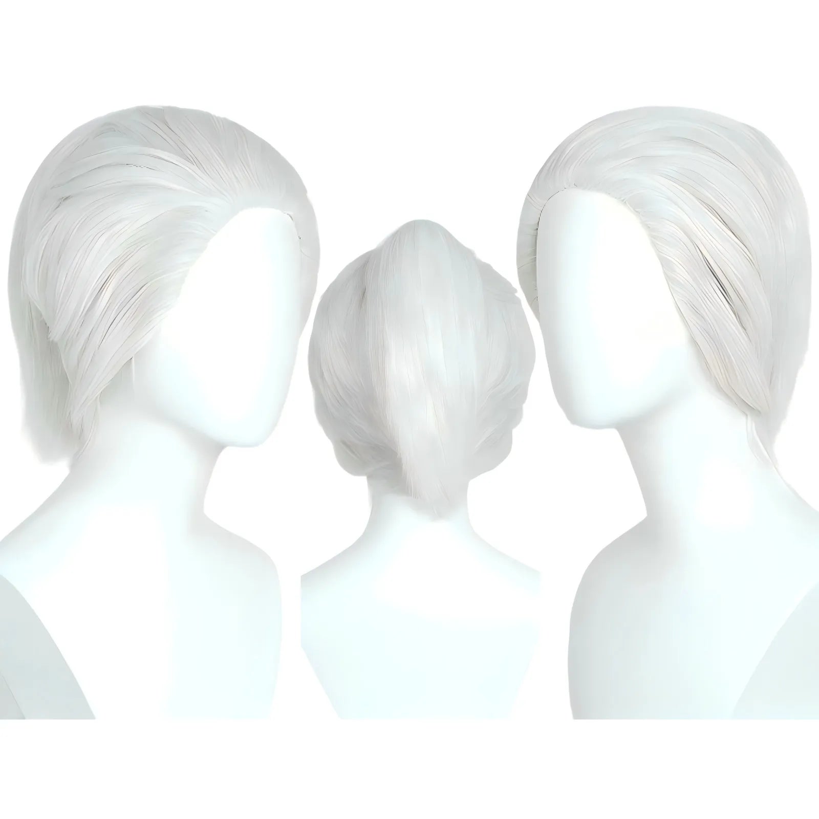 three‑angle display of tengen uzui white slick‑back cos wig on mannequin head