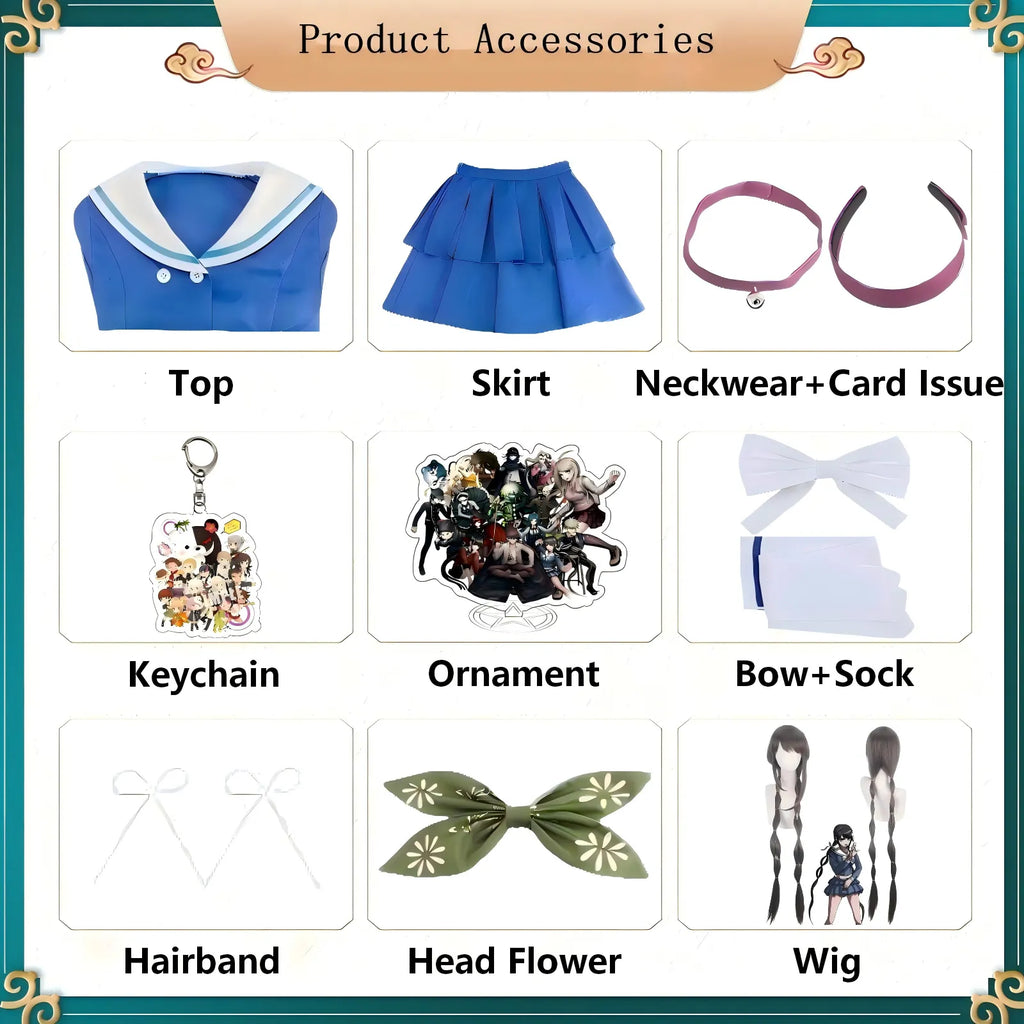 tenko chabashira cosplay set accessories, top skirt headwear bow socks keychain sticker wig