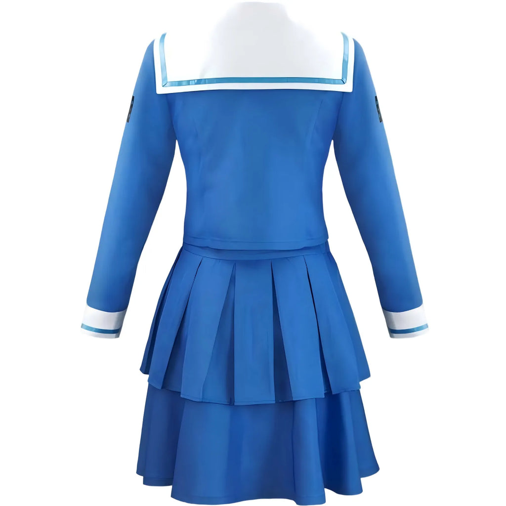 back view of tenko chabashira blue sailor cosplay top and layered skirt