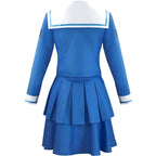 back view of tenko chabashira blue sailor cosplay top and layered skirt