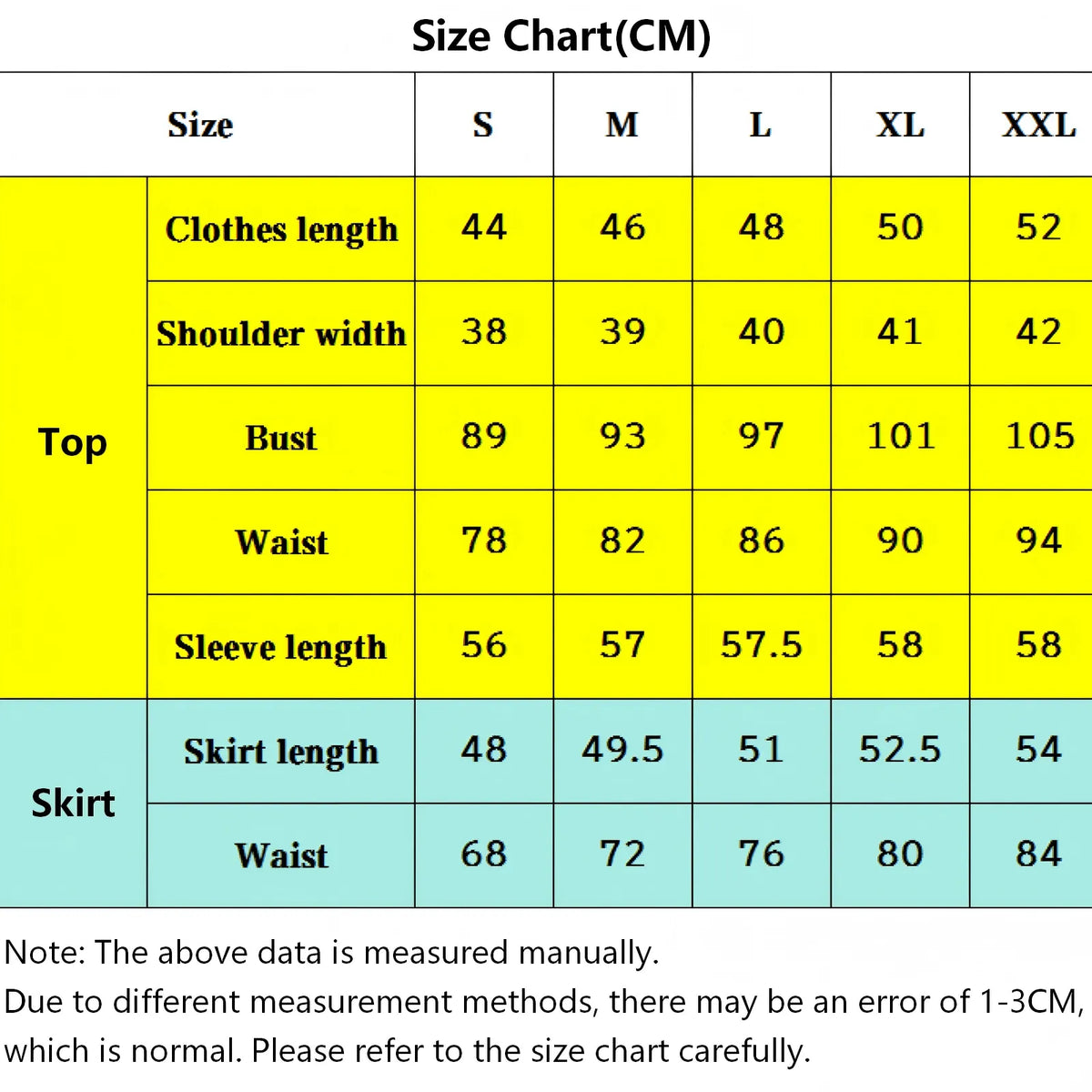 cm size chart for tenko chabashira cosplay costume, top and skirt measurements