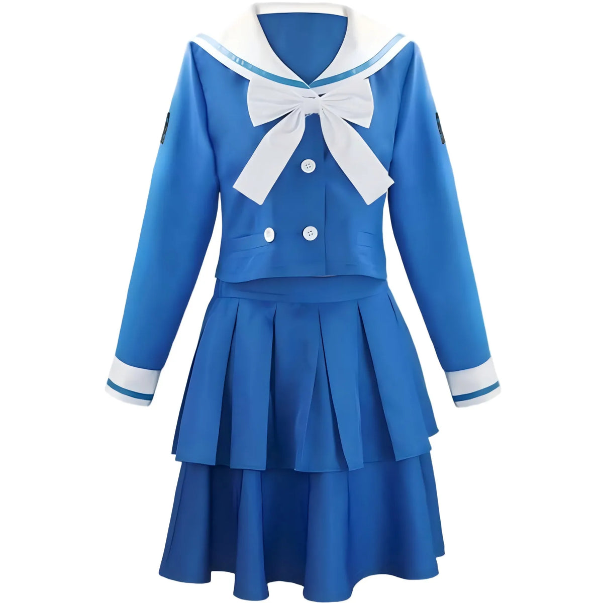 front view of tenko chabashira blue sailor top and layered pleated skirt