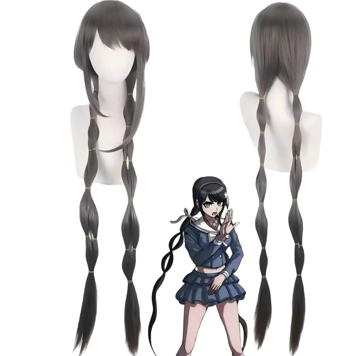 dark grey long twin braid wig for tenko chabashira cosplay