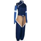 Korra costume left side view, high neck sleeveless top, diamond belt buckle, loose navy pants