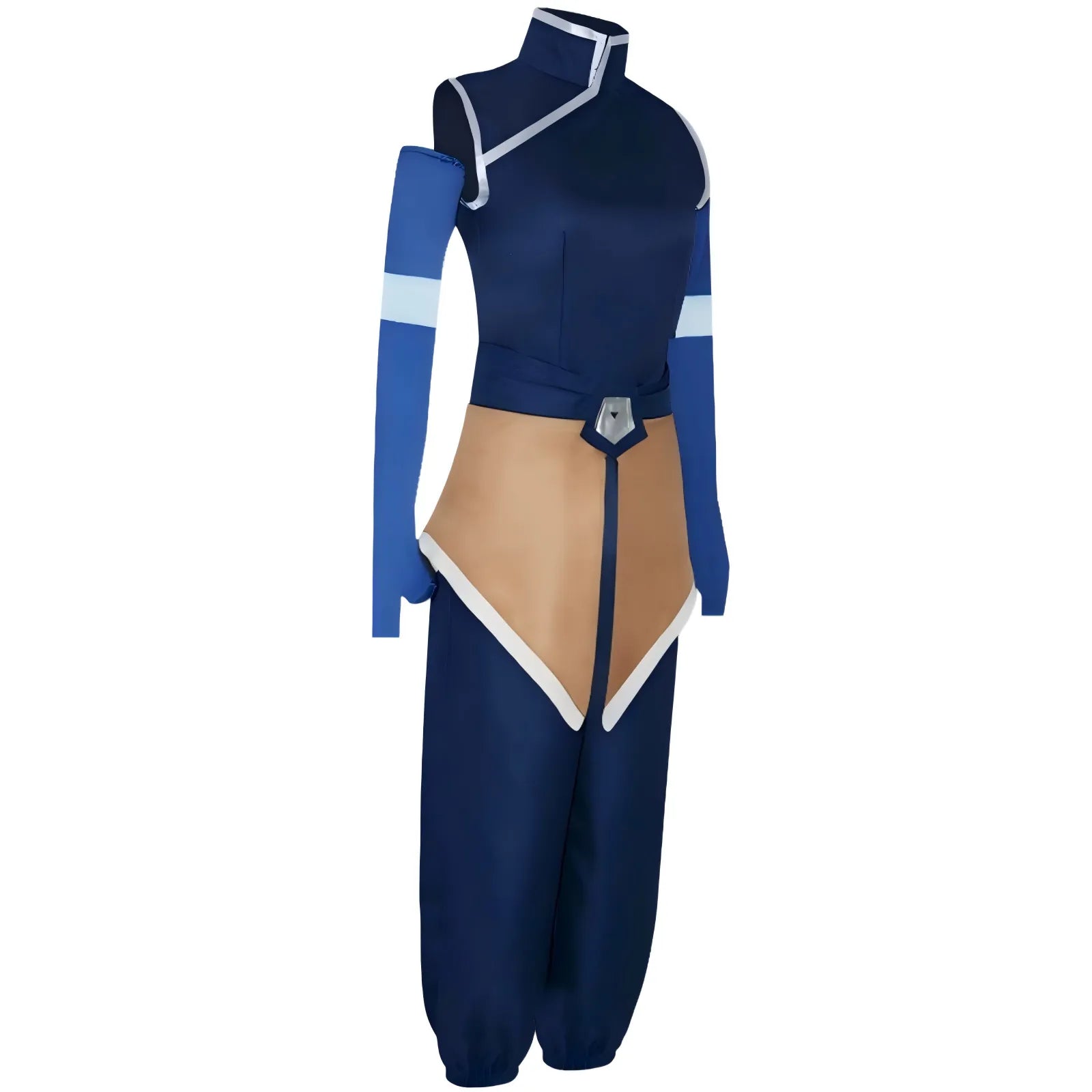 Korra costume left side view, high neck sleeveless top, diamond belt buckle, loose navy pants