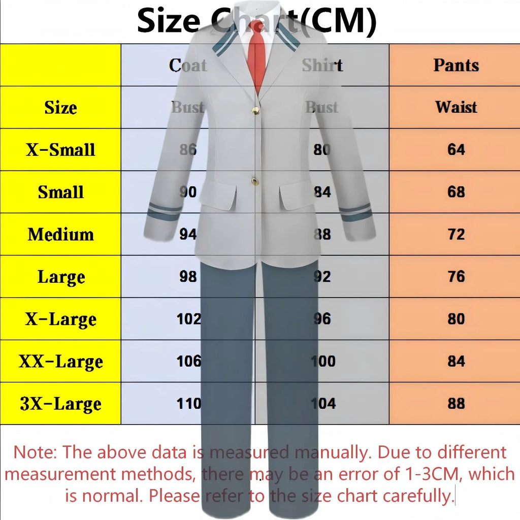 my hero academia school uniform cos size chart cm bust waist measurement table