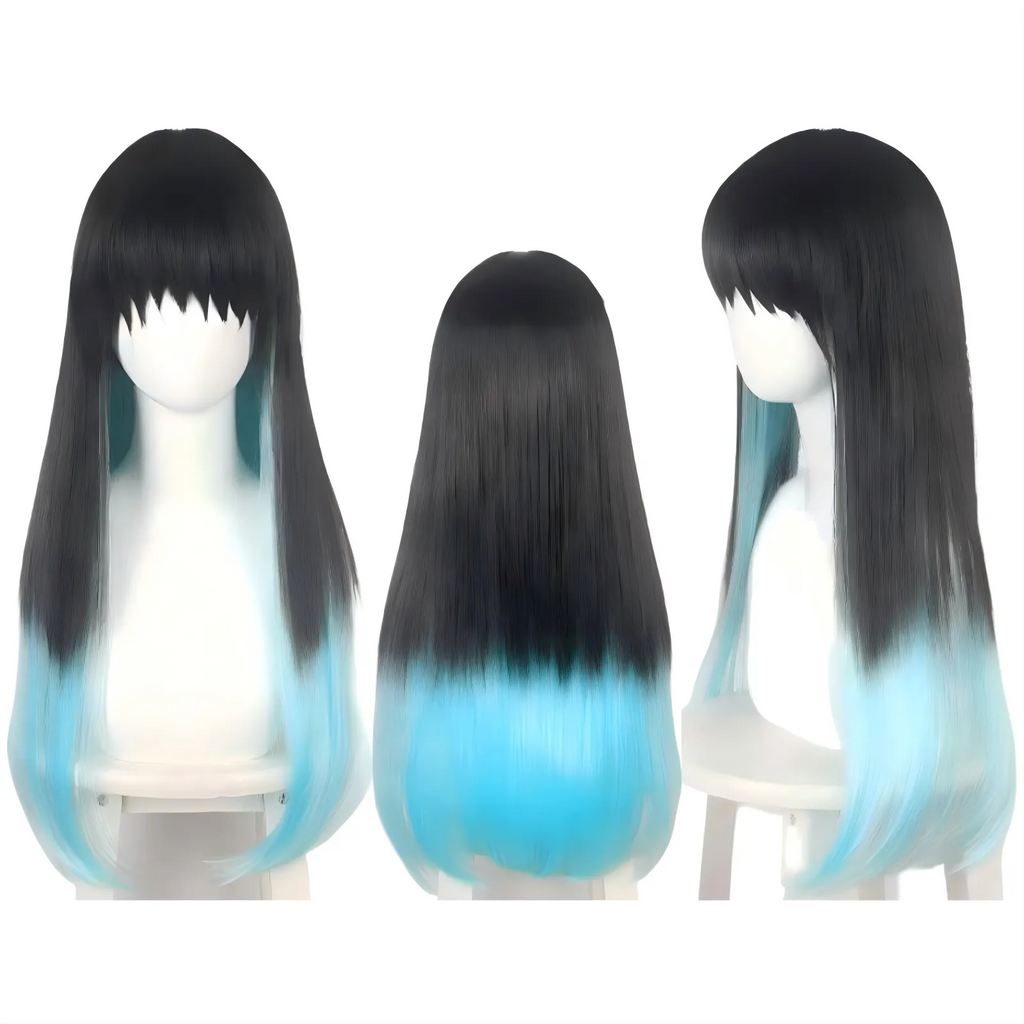 black to cyan blue gradient long wig for muichirou tokitou cosplay, front side back view