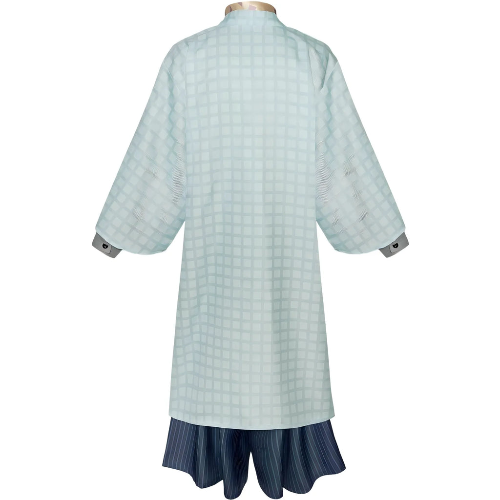 back view of tokitou muichirou light blue grid haori cosplay clothing