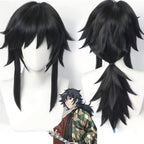 front and back view of tomioka giyuu black styled cosplay wig on mannequin head