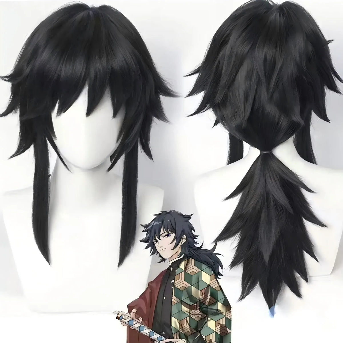 front and back view of tomioka giyuu black styled cosplay wig on mannequin head