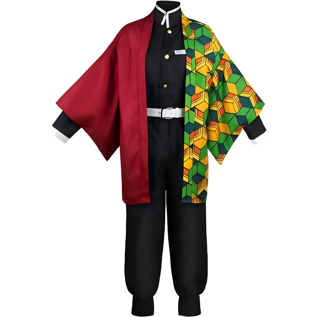 mannequin front shot of full tomioka giyuu cosplay costume, asymmetrical haori and corps uniform