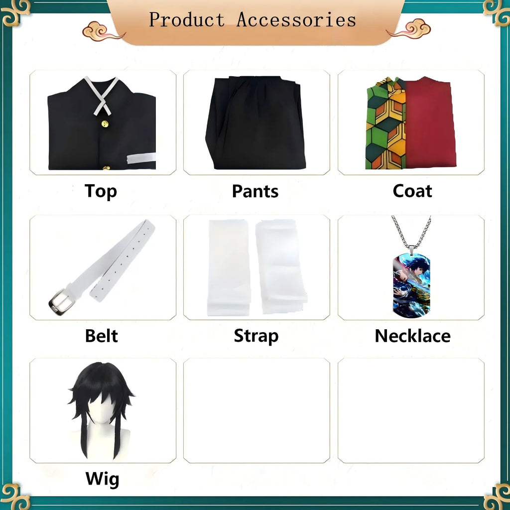 product accessories chart for tomioka giyuu cosplay, each component laid out