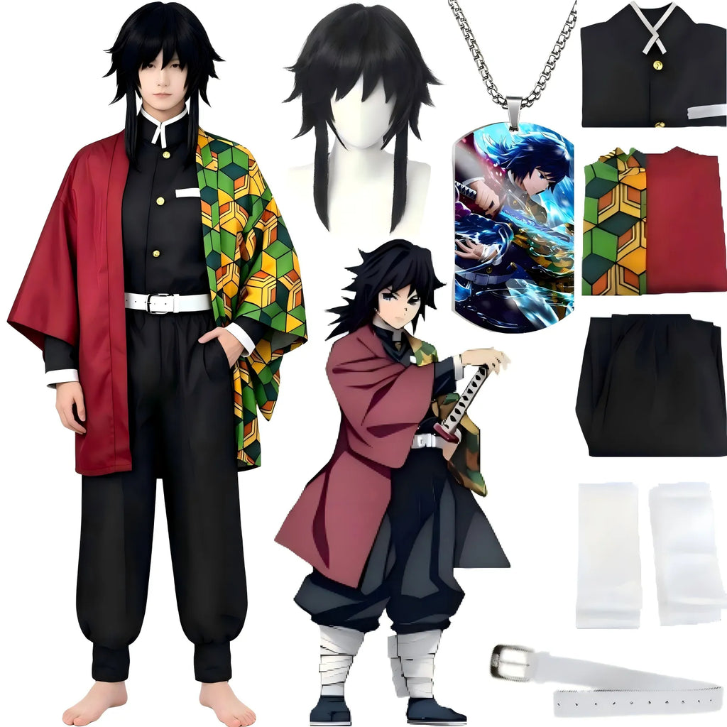 tomioka giyuu cosplay outfit on male model, matching black wig display, costume accessories collage