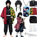 tomioka giyuu cosplay outfit on male model, matching black wig display, costume accessories collage