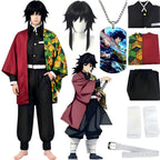 tomioka giyuu cosplay outfit on male model, matching black wig display, costume accessories collage